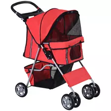 PawHut Pet Stroller for Small Miniature Dogs Cats Foldable Travel Carriage with Wheels Zipper Entry Cup Holder Storage Basket Red - 1