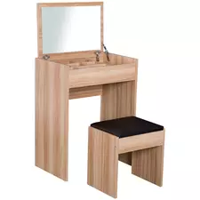 HOMCOM Dressing Table with Mirror and Stool, Vanity Makeup Table with Flip Up Mirror, Vanity Desk with Storage Unit and Padded Seat, Wood - 1