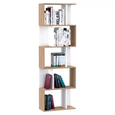 HOMCOM Bookcase, S-Shaped Wooden Bookshelf, 5/6 Tiers Freestanding Storage Shelf, Home Office Decorative Display Stand Rack, Oak and White, 24D x 60W x 184.5H - 1