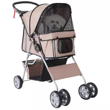 PawHut Pet Stroller for Small Miniature Dogs Cats Foldable Travel Carriage with Wheels Zipper Entry Cup Holder Storage Basket Brown - 1
