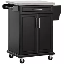 HOMCOM Wooden Kitchen Island on Wheels, Serving Cart Storage Trolley with Stainless Steel Top, Drawer, Side Handle and Rack, Black - 1