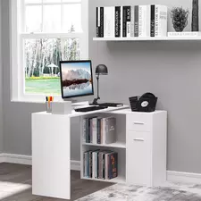 HOMCOM L-Shaped Desk, Corner Computer Desk, Adjustable Study Table with Storage Shelf, Drawer and Cabinet, Workstation for Home Office, White Wood Grain - 1