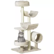 PawHut Cat Tree for Indoor Cats Kitten Pet Scratching Post Perch Activity Center Scratcher Climb Post Play House Arch with Tunnel 105cm Tall Beige - 1