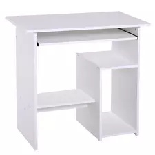 HOMCOM Compact Small Computer Table Wooden Desk Keyboard Tray Storage Shelf Modern Corner Table Home Office White - 1
