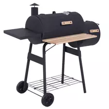 Outsunny Portable Charcoal BBQ Grill, Cold-rolled Steel, Solid Wood, 104H x 124L x53W cm-Black - 1