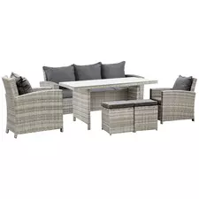 Outsunny 6 Pieces PE Rattan Garden Furniture Set with Three-seat, Armchairs and Footstools, Aluminium Patio Wicker Dining Sets w/ Glass Top Dining Table, Soft Cushion, Light Grey - 1