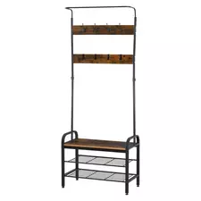 HOMCOM Coat Rack Stand Industrial hallway Shoe Rack Removable Hooks Metal Wood Hangers Storage Cabinet Rustic Brown 72L×34W×185H(cm) - 1