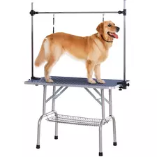 PawHut 42" Dog Grooming Table, Adjustable Pet Cat Drying Beauty Table with 2 Loops Storage Basket, Rubber Top, Blue - 1