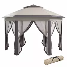 Outsunny 3 x 4m Garden Gazebo Hexagon Pop Up Gazebo Party Tent Canopy Double Roof Instant Shelter with Netting and Carry Bag for Outdoor Patio, Beige - 1