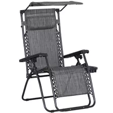 Outsunny Foldable Reclining Garden Chair with Headrest, Zero Gravity Deck Sun Lounger Seat Chair with Footrest, Armrest, Cup Holder & Canopy Shade, Grey - 1