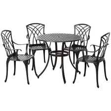 Outsunny 5 Pieces Garden Dining Set for 4, Cast Aluminium Outdoor Dining Set with 4 Armchairs and Round Dining Table with Parasol Hole, Garden Furniture Set, Brown - 1