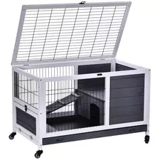 PawHut Wooden Guinea Pig Hutch, 2-Floor Bunny Cage w/ Enclosed Run Area, Grey - 1