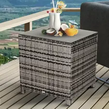 Outsunny Square PE Rattan Garden Table, with Glass Table Top - Grey - 1