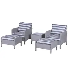 Outsunny 5 Pieces PE Rattan Garden Furniture Set with 10cm Thick Padded Cushions, Wicker Weave Outdoor Seating Chairs with 2 Armchairs, 2 Stools, Glass Top Table, Grey and White - 1