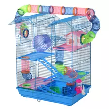 PawHut Hamster Cage, 5 Tier Carrier Habitat with Exercise Wheels Tunnel Tube Water Bottle Dishes House Ladder, Gerbil Cage for Dwarf Mice, Blue - 1