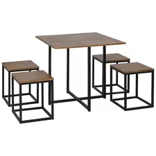 HOMCOM 5 Piece Dining Table and Chairs Set 4, Industrial Space Saving Table and Chairs with Metal Frame, Square Kitchen Table and Stools for Dining Room, Brown - 1
