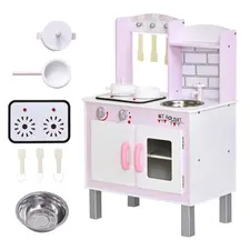 HOMCOM Kids Pretend Kitchen Playset w/ Cooking Toy Accessories - Pink - 1