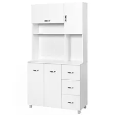 HOMCOM Kitchen Cupboard, 183cm Tall Storage Cabinet with Countertop, Sideboard with 3 Small Drawers, Flip Up Top Door, 3 Cabinet Doors and Open Shelves, 100W x 39.5D x 183.5H cm, White - 1