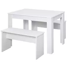 HOMCOM Kitchen Dining Table and 2 Benches Set, Table and Chairs Set for Limited Space, White - 1