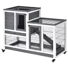 PawHut Wooden Indoor Rabbit Hutch Guinea Pig House Bunny Small Animal Cage W/ Wheels Enclosed Run 110 x 50 x 88 cm, Grey - 1