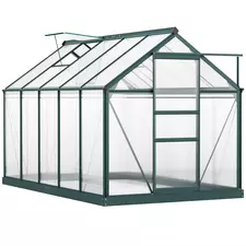 Outsunny 6 x 10ft Polycarbonate Greenhouse, Large Walk-In Green House with Slide Door and Window, Garden Plants Grow House with Aluminium Frame and Foundation, Dark Green - 1