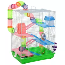 PawHut 5 Tier Hamster Cage Carrier Habitat w/ Exercise Wheels, Tunnel, Green - 1