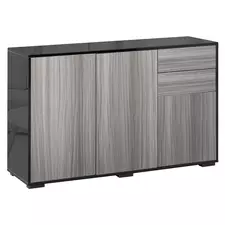 HOMCOM High Gloss Side Cabinet, Push-Open Design with 2 Drawers and 2 Cabinets for Living Room, 74H x 117W x 36Dcm, Light Grey and Black - 1