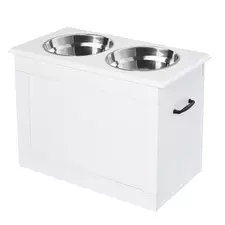 PawHut Raised Dog Bowls, with Storage, Two Stainless Steel Bowls, Elevated Base - White - 1