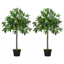 Outsunny Artificial Bay Laurel Topiary Trees w/ Pot Fake, Set Of 2 90cm/3FT Indoor Greenery Plant Home Office Garden Decor Green - 1