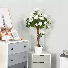 Outsunny Artificial Plants White Rose Floral in Pot, Fake Plants for Home Indoor Decor, 90cm - 1