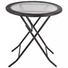 Outsunny Folding Rattan Garden Dining Table, 68 cm Round Rattan Garden Table with Water Ripple Tempered Glass Top, Wicker Edging  and Steel Frame for Outdoor, Patio, Brown - 1