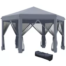 Outsunny 3.8m x 3.2m Pop Up Gazebo Hexagonal Canopy Tent Outdoor Sun Protection with 6 Mesh Sidewalls, Hand Bag, Grey - 1