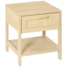 HOMCOM Nightstand with Rattan Drawer and Storage Shelf, Bedside End Table for Bedroom, Living Room - 1