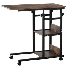 HOMCOM C-Shaped Side Table Industrial Mobile Rolling End Desk with 3-Tier Storage Shelving, Adjustable Height, Wheels - 1