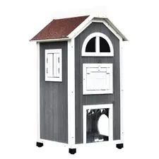 PawHut Wooden Cat House, Weatherproof Pet Shelter, Outdoor Cat Condos Cave, 2 Floor Furniture, Grey and White - 1