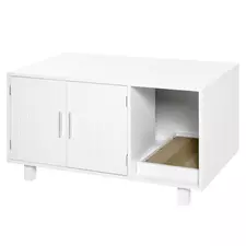 PawHut Wooden Cat Litter Box Enclosure & House with Nightstand/End Table Design, Scratcher, & Magnetic Doors, White - 1