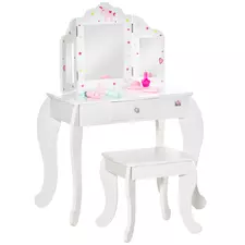 HOMCOM Kids Vanity Table and Chair Set with Tri-Folding Mirror and Stool, Makeup Dressing Table with Drawer, White - 1