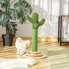 PawHut Cat Tree Cactus Sisal Scratching Post for Indoor Cats Play Tower Kitten Furniture with Hanging Ball Interactive Fun Roller Exerciser 32 x 32 x 60cm - 1