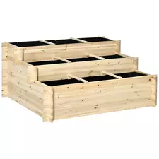 Outsunny 117cm x 100cm x 54cm 3 Tier Raised Garden Bed 376L Fir Wood Elevated Planter Flower Box with 9 Grow Grids and Non-woven Fabric for Vegetables, Flower, Herb Outdoor Indoor Use - 1