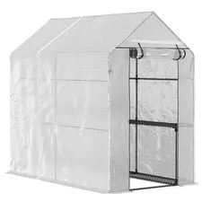 Outsunny Walk In Greenhouse with 2-Tier Shelves, Roll up Zip Panel Door, Garden Polytunnel Steeple Grow House for Outdoor, 6 x 4 x 6ft White - 1