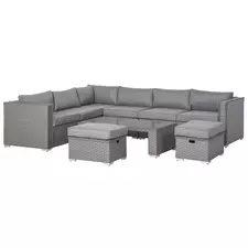 Outsunny 6 Pieces Outdoor PE Rattan Wicker Corner Sofa Set with 10cm Thick Padded Cushions, Aluminium Conservatory Furniture with Glass Top Coffee Table, Footstools, Grey - 1