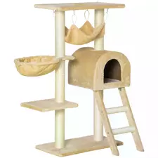 PawHut Cat Tree Tower for Indoor Cats Kitten Activity Centre Scratching Post w/ Hammock House Basket Ladder - Beige - 1