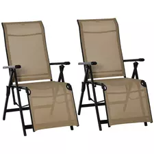 Outdoor Set of 2 Outdoor Sun Lounger 10-Position Adjustable Texteline Folding Reclining Chairs with Footrest for Patio Garden, Beige - 1