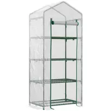 Outsunny 4 Tier Mini Greenhouse, Portable Compact Green House with Steel Frame, PE Cover, Roll-up Door, 70 x 50 x 160 cm, White - 1