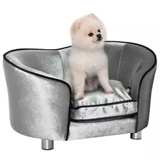 PawHut Dog Sofa Pet Chair, Kitten Bed Couch w/ Wooden Frame, Removable Cushion - Silver-Tone and Grey - 1