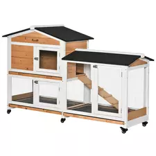 PawHut Rabbit Hutch Outdoor with Run Guinea Pig Hutch 2-Tier Bunny Cage w/ Wheels No-Leak Plastic Tray 157.4 x 53 x 99.5 cm - Yellow - 1