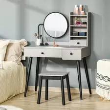 HOMCOM Dressing Table Set with Mirror and Stool, Vanity Makeup Table with 3 Drawers and Open Shelves for Bedroom, Living Room, Grey - 1