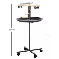 PawHut Parrot Perch Stand, Large Bird Play Stand, Metal Bird Table Feeder Station with Stainless Steel Bowls, Four Wheels, Round Tray, Black - 3