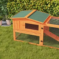 PawHut Rabbit Hutch with Run Wooden Guinea Pig Hutch Outdoor Bunny Cage Hide House with Sliding Tray, Hay Rack, Ramp, 156 x 58 x 68cm, Orange - 9