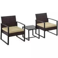 Outsunny 3 pcs PE Rattan Wicker Garden Furniture Patio Bistro Set Weave Conservatory Sofa Coffee Table and Chairs Set Beige - 1